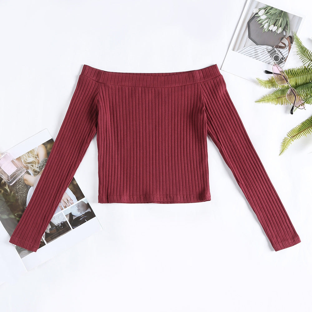 Elastic Women Crop Top Solid Color Long Sleeve Close-fitting T-shirt