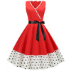V Neck Belted Polka Dot Trim A Line Dress