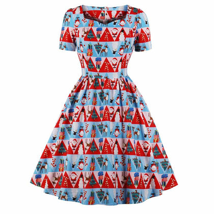 Vintage Christmas Printed Fit and Flare Dress