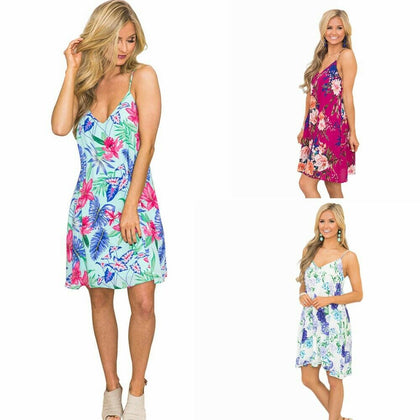 Women's V Neck Floral Midi Dress A-Line Spaghetti Strap for Casual Cocktail