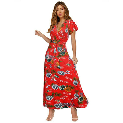 Women's Sexy Deep V Neck Floral Print Flowy Party Maxi Dress with Belt