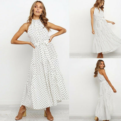 Women's Summer Casual Polka Dot Print Beach Cover Up Boho Maxi Dresses