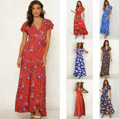 Women's Sexy Deep V Neck Floral Print Flowy Party Maxi Dress with Belt