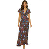 Women's Sexy Deep V Neck Floral Print Flowy Party Maxi Dress with Belt