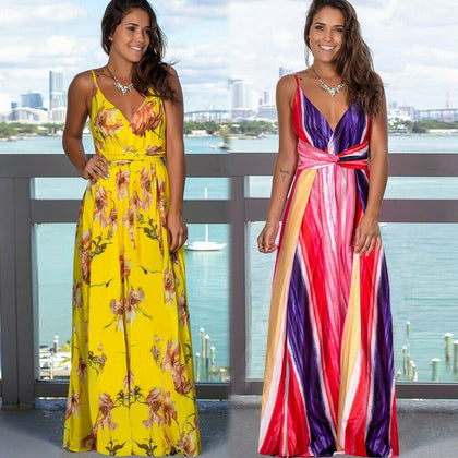 Women's Summer Casual Sleeveless V Neck Strappy Split Long Cami Maxi Dresses