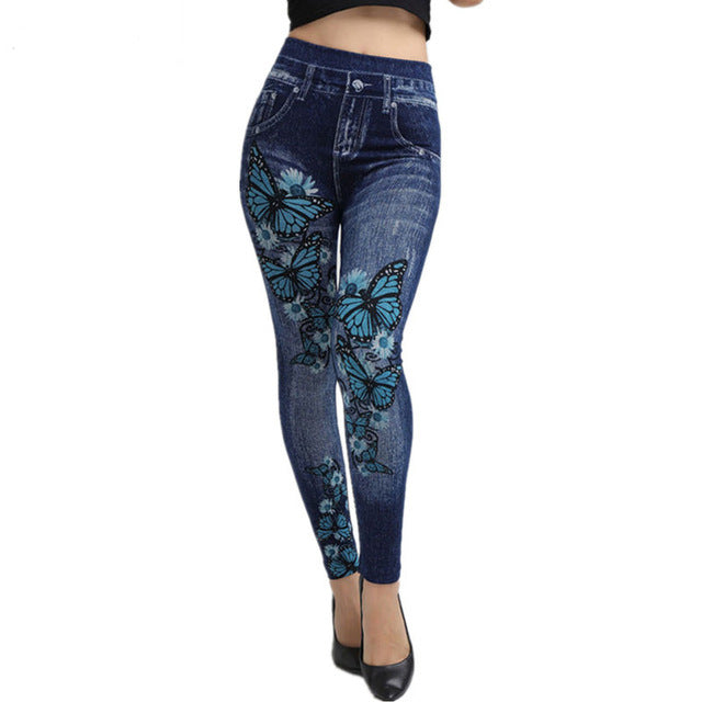 Floral Butterfly Print Elastic Waist Jeggings