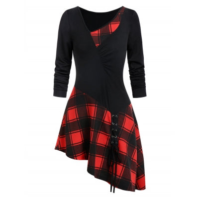 Asymmetry Plaid Ruched Lace Up T-shirt