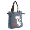 Cute Cat Print Beaded Zippered Canvas Handbag for Ladies