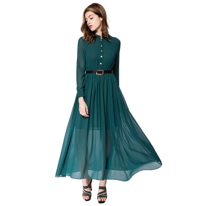 Vintage Stand Collar Long Sleeve Pure Color Chiffon Anklel-Length Dress for Ladies