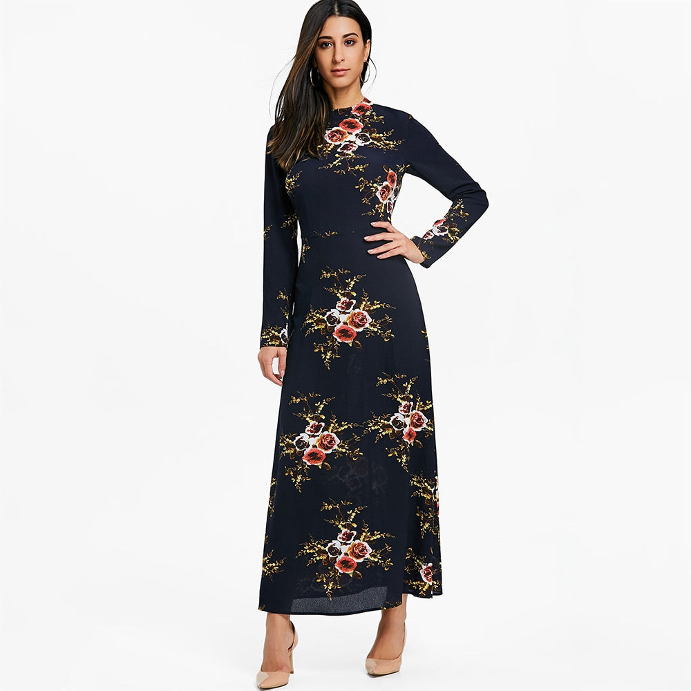 Floral Print Cut Out Maxi Flare Dress