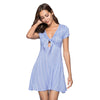 Trendy Plunge Neck Short Sleeve Stripe Bowknot Women Dress