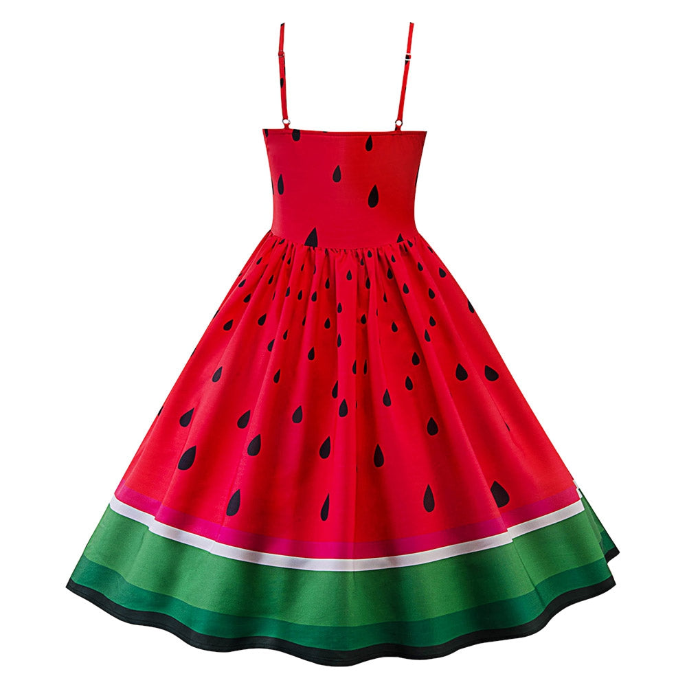High Waisted Watermelon Print Swing Dress