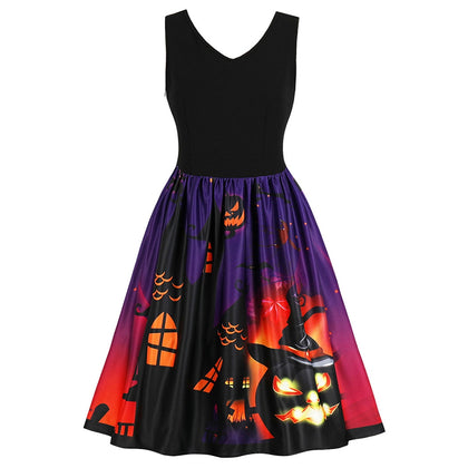 Halloween Vintage Pumpkin Print Swing Dress