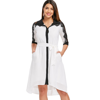 Two Tones Belted Lace Trim Asymmetrical Chiffon Shirtdress