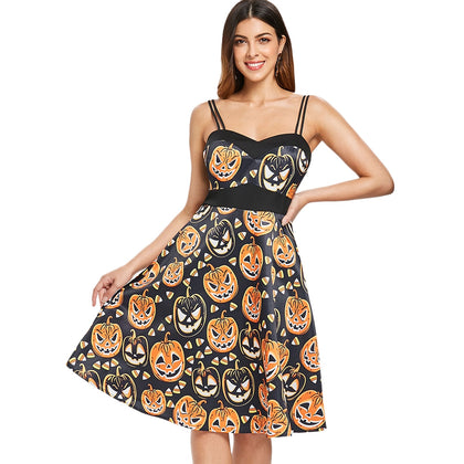 Open Back Cami Straps Halloween Pumpkin Dress