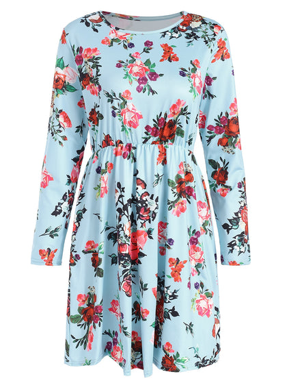 Long Sleeve Floral Print Elastic Waist Dress