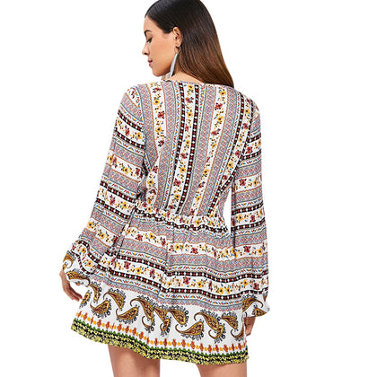 Elastic Waist Long Sleeve Bohemia Print Dress