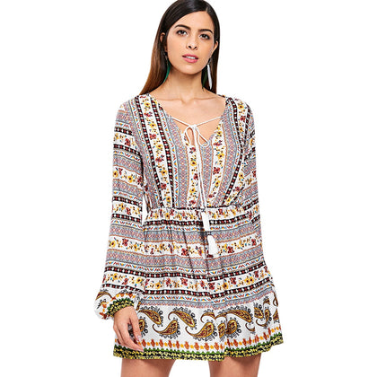 Elastic Waist Long Sleeve Bohemia Print Dress