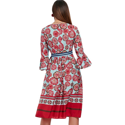 Flare Sleeve Printed Midi A Line Dress