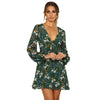 Plunge Neck Long Sleeve Floral Print Tied Women Mini Dress