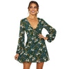 Plunge Neck Long Sleeve Floral Print Tied Women Mini Dress