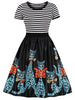 Cartoon Cat Striped Panel A Line Dress