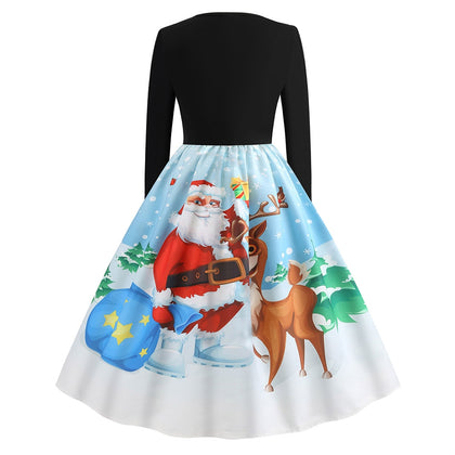 Vintage Santa Claus Elk Snowflake Print Christmas Dress