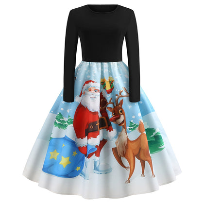 Vintage Santa Claus Elk Snowflake Print Christmas Dress