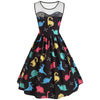 Mesh Insert Cartoon Dinosaur Print Vintage Dress