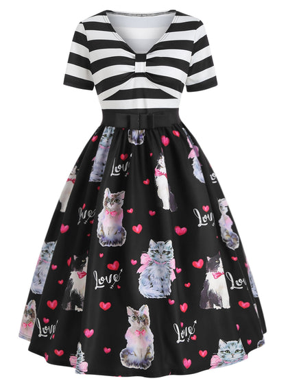 Cat Print A Line Vintage Dress