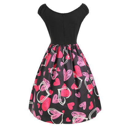 Heart Print V Neck A Line Dress