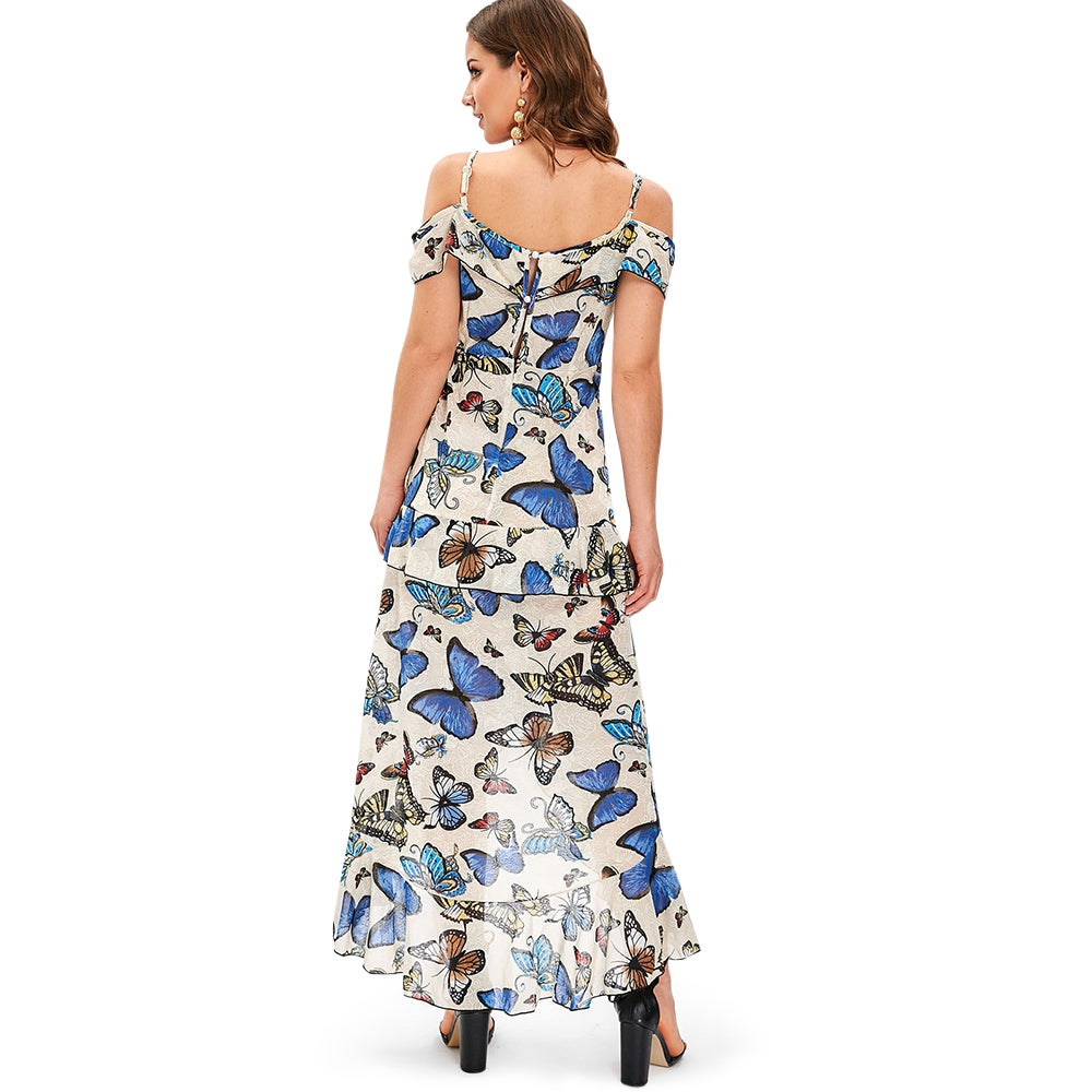 Butterfly Print Cold Shoulder Ruffle Dress