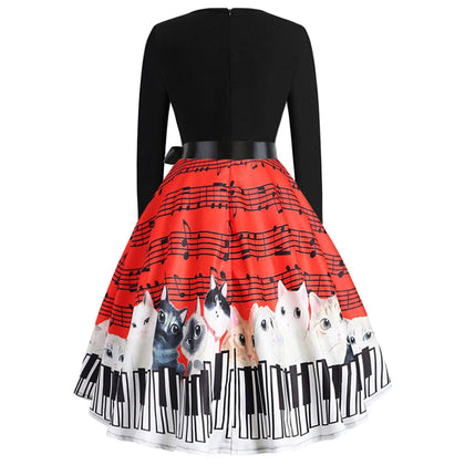 Music and Cat Print Long Sleeve Flare Dress