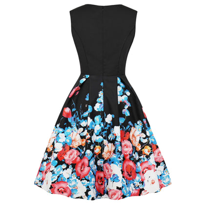 Vintage Floral Print Bowknot Knee Length Dress