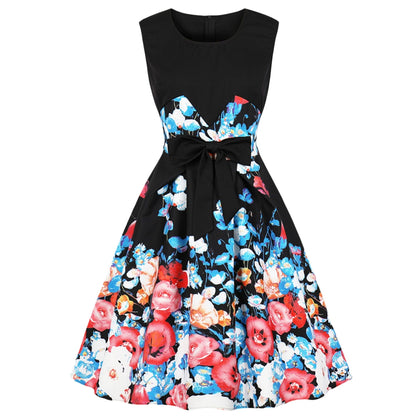 Vintage Floral Print Bowknot Knee Length Dress