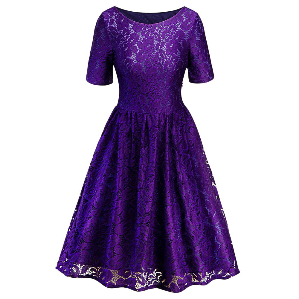 Short Sleeve High Waist Lace Dress