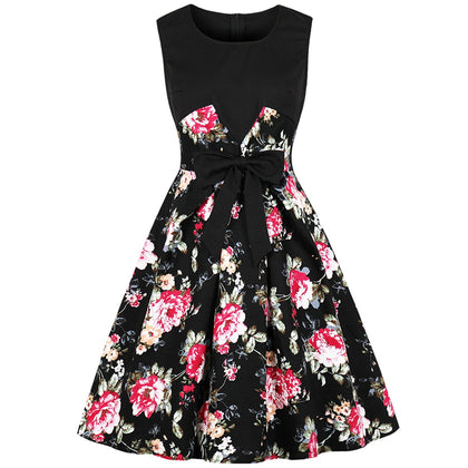 Vintage Floral Bowknot Flare Dress