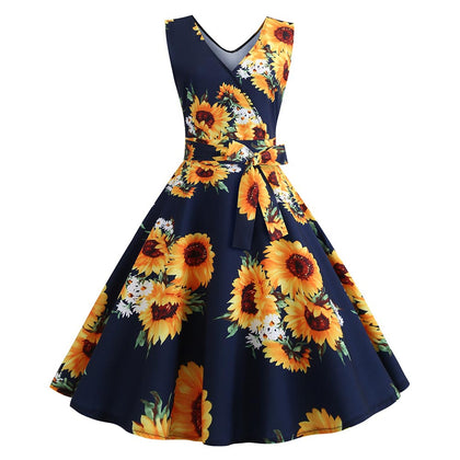 Sunflower Print Sleeveless Belted Flare Dress