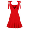 Solid Color Women Dress Square Neck Knotted Strap Zipper V Back