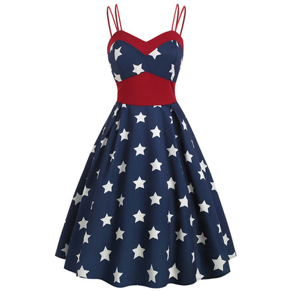 Women Dress Star Print Splice Dual Spaghetti Strap