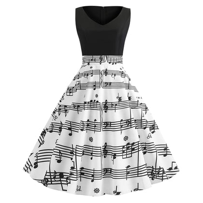 V Neck Musical Note Print  Sleeveless Women Dress