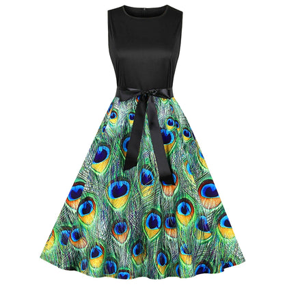 Peacock Feather Print Belted Sleeveless A Line Dress