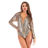 Sexy Snakeskin Print Plunge Neck Bodysuit Long Sleeve Jumpsuit