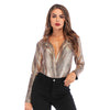 Sexy Snakeskin Print Plunge Neck Bodysuit Long Sleeve Jumpsuit