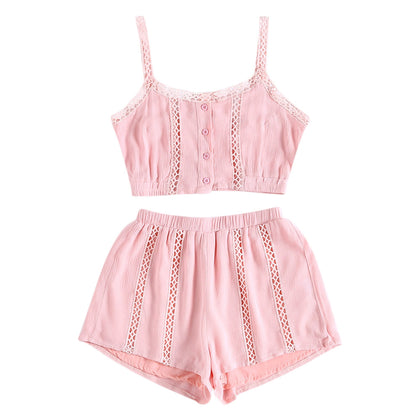 Women Two-piece Suit Strap Hollow-out Loose Crop Top Shorts