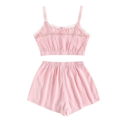 Women Two-piece Suit Strap Hollow-out Loose Crop Top Shorts
