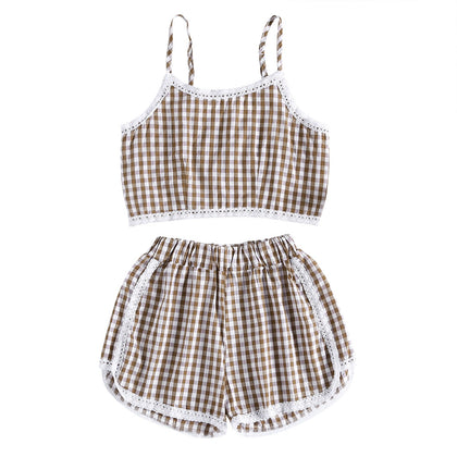 Women Two-piece Suit Crop Top Shorts Strap Loose Plaid Lace