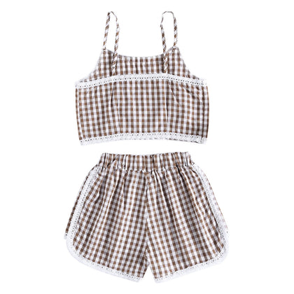 Women Two-piece Suit Crop Top Shorts Strap Loose Plaid Lace