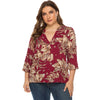 Plus Size Floral Print Blouse V Neck 3/4 Length Sleeve for Women