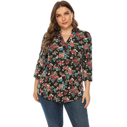 Plus Size Rose Print Blouse V Neck 3/4 Length Sleeve for Women